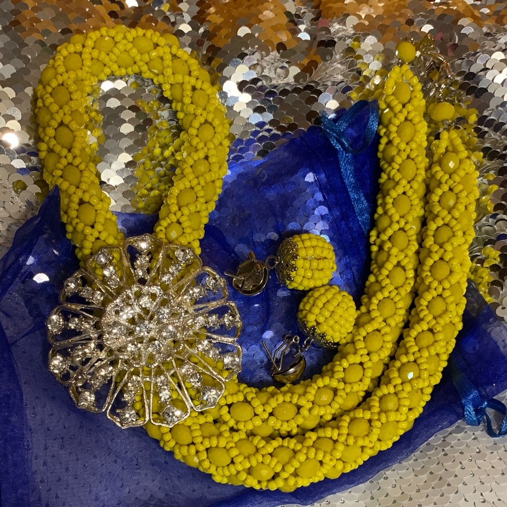 Yellow Beaded Necklace and Earring Set